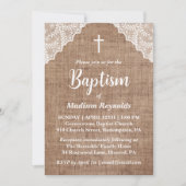 Rustieke Burlap & White Lace Cross doop Kaart (Voorkant)