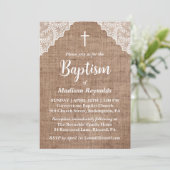 Rustieke Burlap & White Lace Cross doop Kaart (Staand voorkant)