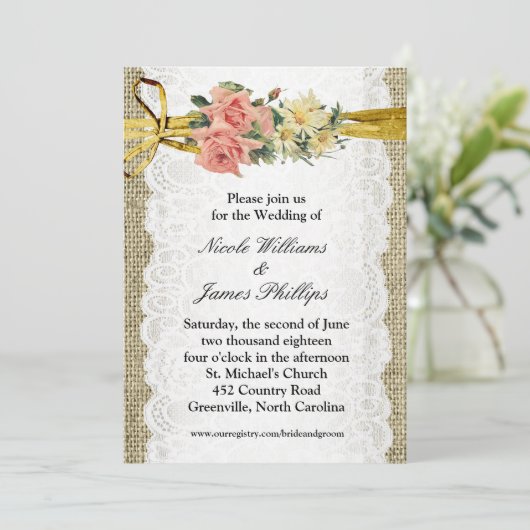 Rustieke Burlap & White Lace Romantische bruiloft Kaart (Staand voorkant)