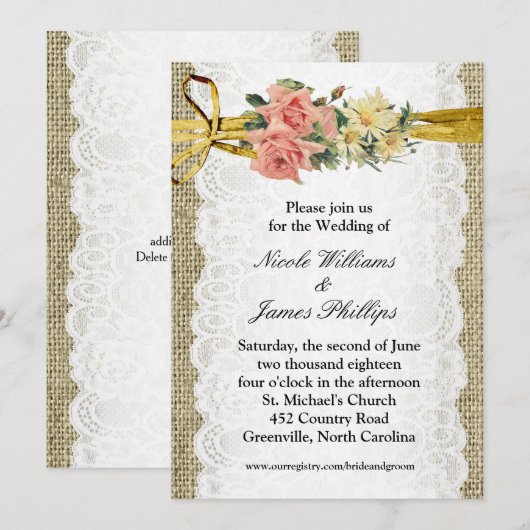 Rustieke Burlap & White Lace Romantische bruiloft Kaart (Voorkant / Achterkant)