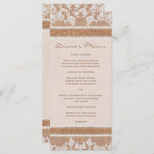 Rustieke Burlap & White Lace Slim Dinner Menu (Voorkant / Achterkant)
