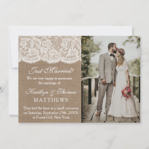 Rustieke Burlap & Witte Kant Bruiloft Foto Huwelij Aankondiging