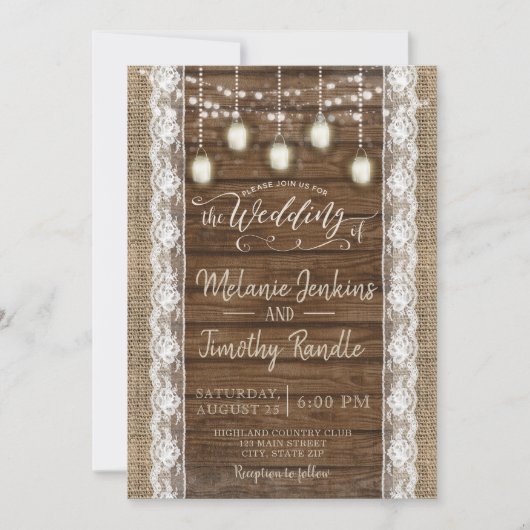 Rustieke Burlap Wood Lace Wedding Uitnodigingen (Voorkant)