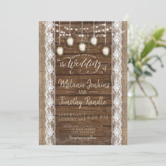 Rustieke Burlap Wood Lace Wedding Uitnodigingen (Staand voorkant)