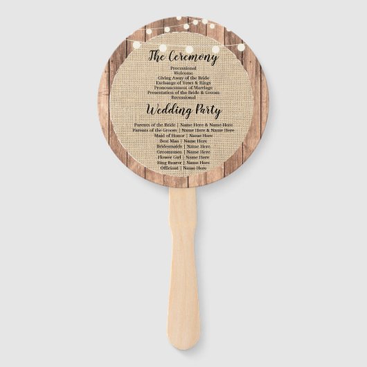 Rustieke Burlap Wood Lights Trouwprogramma Fan Handwaaier (Achterkant)