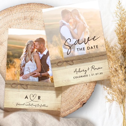 Rustieke Burlap Wood Pampass Grass Boho Foto Save The Date