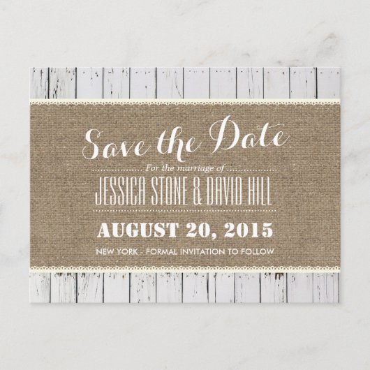 Rustieke Burlap & Wood Stripes Wedding Save the Da Aankondigingskaart (Voorkant)