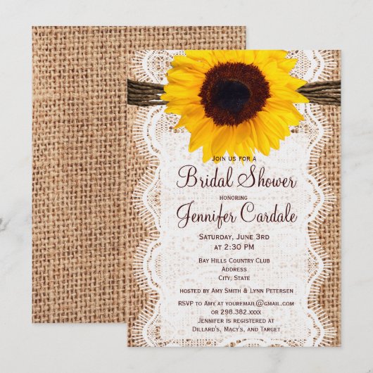 Rustieke Burlap Zonnebloem Bruidsdouche Uitnodigin Kaart (Voorkant / Achterkant)