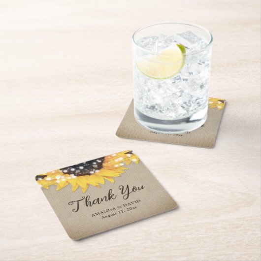 Rustieke Burlap Zonnebloem bruiloft Dank u wel Kartonnen Onderzetters (Insitu)