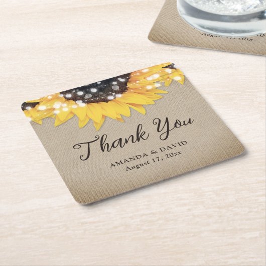 Rustieke Burlap Zonnebloem bruiloft Dank u wel Kartonnen Onderzetters (Schuin)