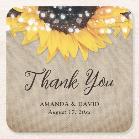 Rustieke Burlap Zonnebloem bruiloft Dank u wel Kartonnen Onderzetters (Voorkant)