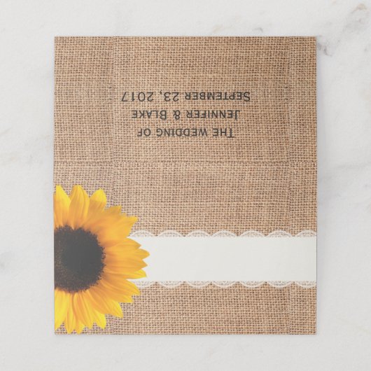 Rustieke Burlap Zonnebloem Bruiloft Gevouwen Plaat Plaatskaartje (Buitenkant ongevouwen)