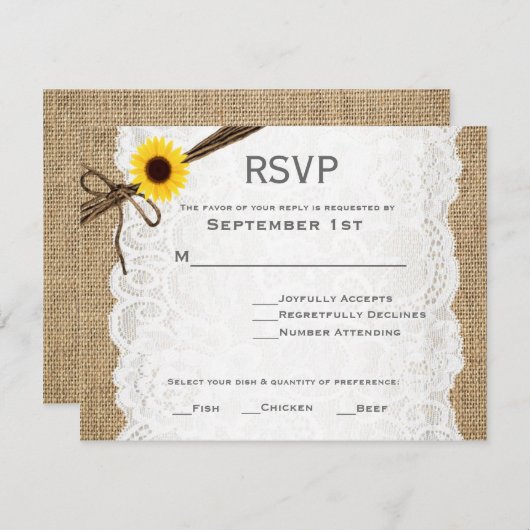 Rustieke Burlap, Zonnebloem, & kant bruiloft RSVP  (Voorkant / Achterkant)
