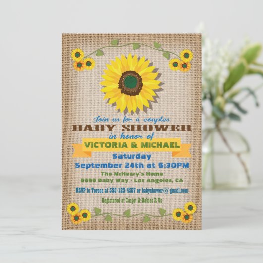 Rustieke Burlap Zonnebloem Koppels Baby shower Kaart (Staand voorkant)
