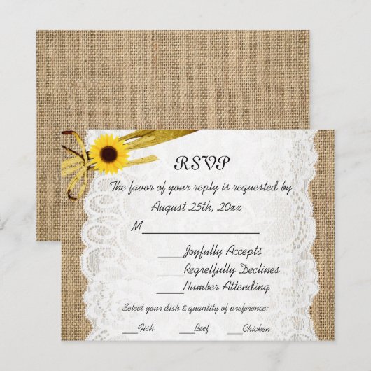 Rustieke Burlap Zonnebloem Lace Wedding RSVP Kaart (Voorkant / Achterkant)