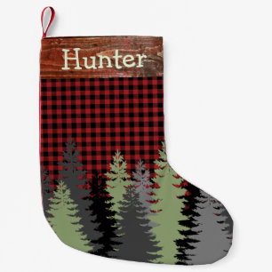Rustieke Cabin Bossen Forest Red Black Plaid Naam Kleine Kerstsok