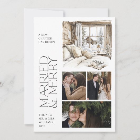 Rustieke Cabin Getrouwd & Vrolijk Collage Fotovaka Feestdagenkaart (Voorkant)