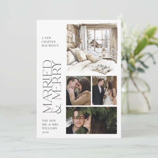 Rustieke Cabin Getrouwd & Vrolijk Collage Fotovaka Feestdagenkaart (Staand voorkant)