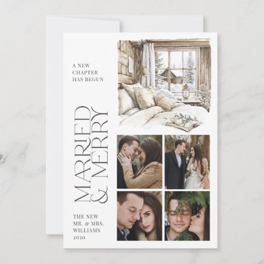 Rustieke Cabin Getrouwd & Vrolijk Foto Collage Vak Feestdagenkaart (Voorkant)