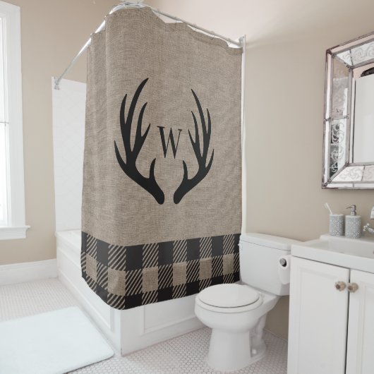 Rustieke Cabin Lodge Antlers Monogrammed Linen Douchegordijn (In situ)