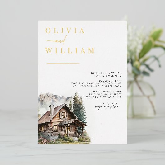 Rustieke Cabine Bergen Winter Herfst Bruiloft Folie Uitnodiging (Staand Voorkant)