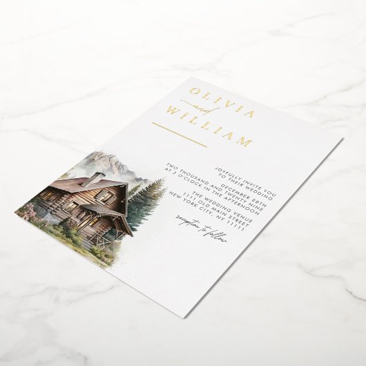 Rustieke Cabine Bergen Winter Herfst Bruiloft Folie Uitnodiging (Gedraaid)