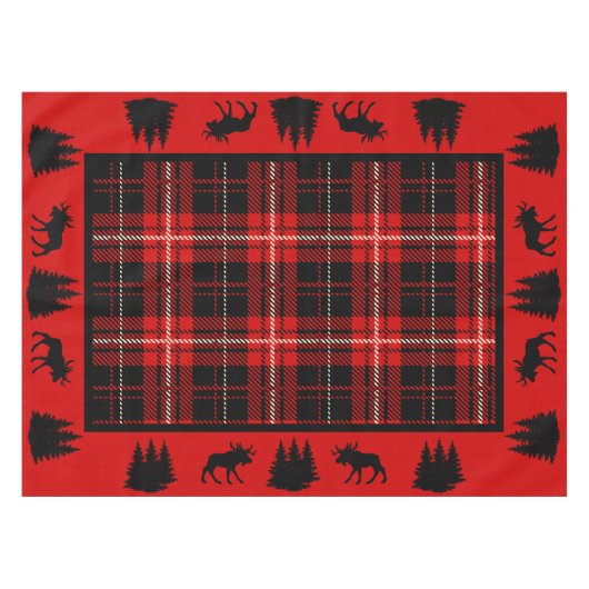Rustieke Cabine Rood Plaid Zwart Moose Bomen Tafelkleed (Voorkant (Horizontaal))