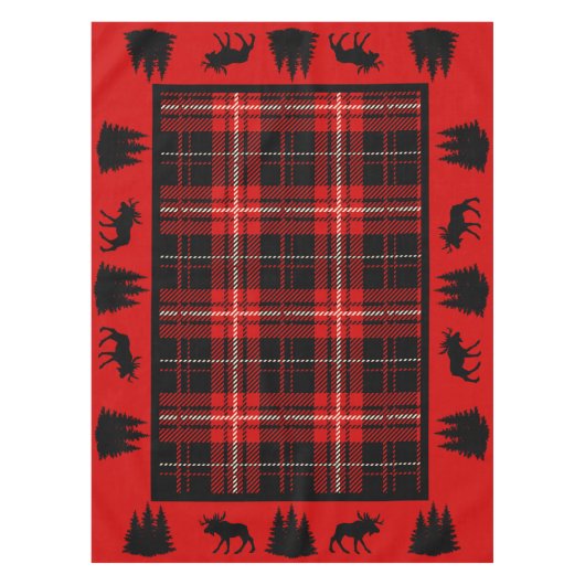 Rustieke Cabine Rood Plaid Zwart Moose Bomen Tafelkleed (Voorkant)