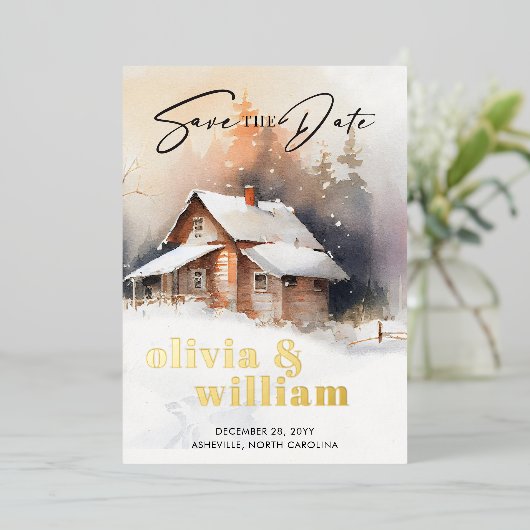 Rustieke Cabine Winter Bruiloft Save The Date Folie Uitnodiging (Staand Voorkant)