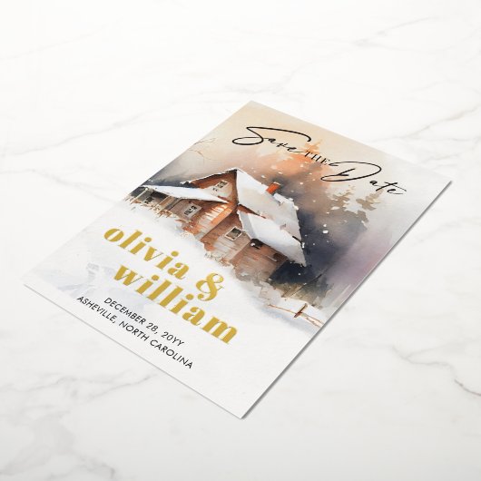 Rustieke Cabine Winter Bruiloft Save The Date Folie Uitnodiging (Gedraaid)