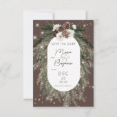 Rustieke Cacao Pine Winter Sparkle Bruiloft Save The Date (Voorkant)