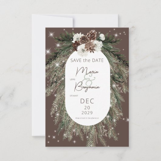 Rustieke Cacao Pine Winter Sparkle Bruiloft Save The Date (Voorkant)