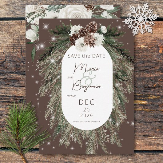 Rustieke Cacao Pine Winter Sparkle Bruiloft Save The Date
