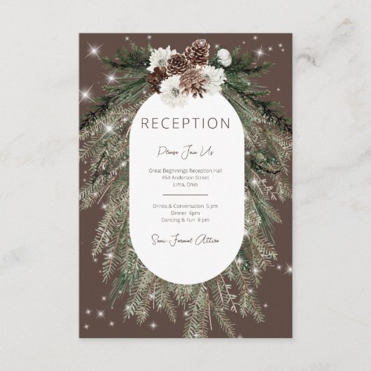 Rustieke Cacao Pine Winter Sparkle Receptie Informatiekaartje (Voorkant)