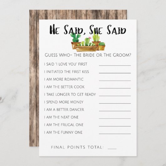 Rustieke Cactus Bruiloft Feest Spel-Hij/Zij Zei Kaart (Voorkant / Achterkant)