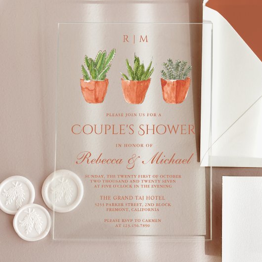 Rustieke Cactus Terracotta Potten Koppel Shower Acryl Uitnodigingen