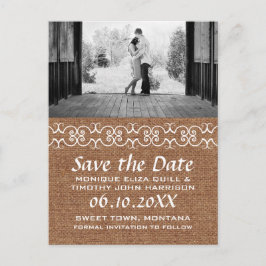 Rustieke Calligraphic Faux Burlap Save the Date Aankondigingskaart