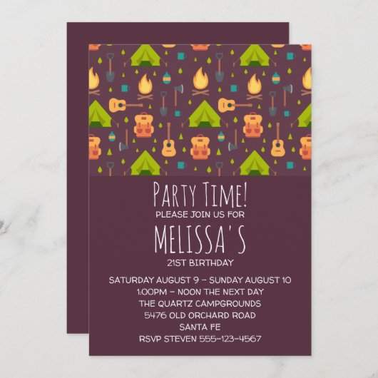 Rustieke Camping Patroon Tenten en Gitaren Verjaar Kaart (Voorkant / Achterkant)