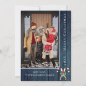 Rustieke Candy Canes Kerstmis | Blauwe fotokaart Feestdagenkaart (Voorkant)
