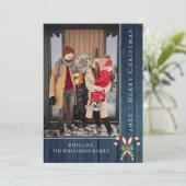 Rustieke Candy Canes Kerstmis | Blauwe fotokaart Feestdagenkaart (Staand voorkant)