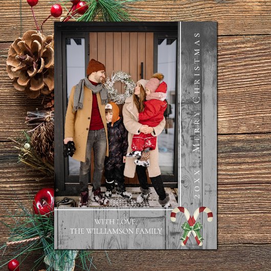 Rustieke Candy Canes Kerstmis | Grijze fotokaart Feestdagenkaart