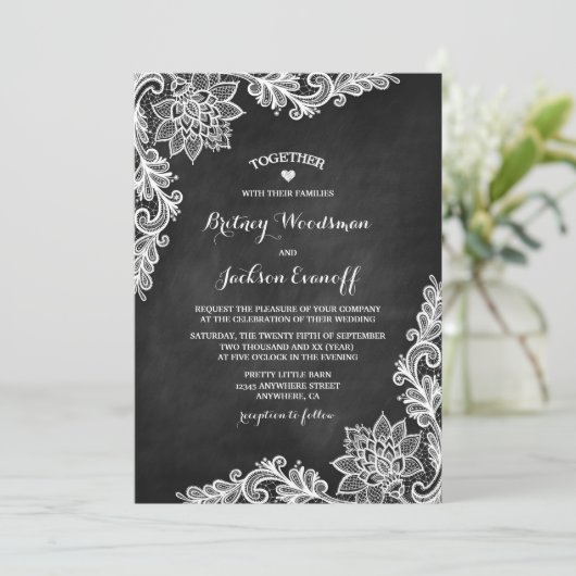 Rustieke Chalkboard Bloemen Kant Huwelijksuitnodig Kaart (Staand voorkant)