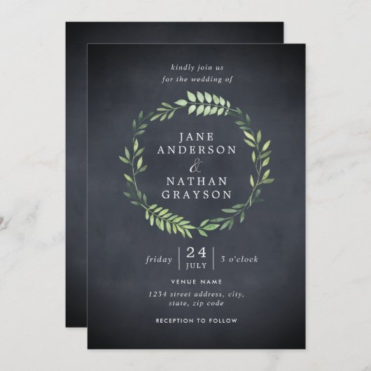 Rustieke Chalkboard Leaf Krans bruiloft uitnodigin Kaart (Voorkant / Achterkant)