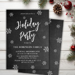 Rustieke Chalkboard Snowflake Holiday Party Kaart<br><div class="desc">Rustic Chalkboard Snowflakes Script Black Holiday Party Invitations is perfect voor een rustiek winterevenement. Beschikt over een "Holiday Party" -tekst in een  handgeschreven penseelscript in het wit op een zwarte krijtbordachtergrond. Eenvoudig te personaliseren met jouw naam en feestdetails.</div>