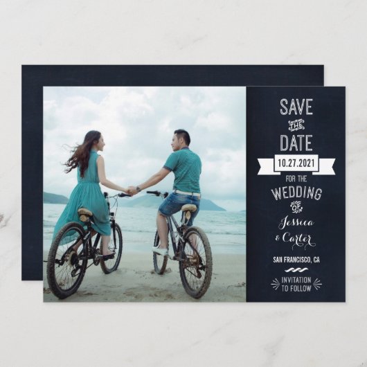 Rustieke Chalkboard Typografie Foto Opslaan van de Save The Date (Voorkant / Achterkant)