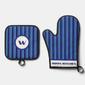 Rustieke Charm Blauw Gestreept Ovenwant & Pannenlap Set (Voorkant)