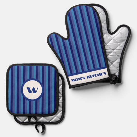 Rustieke Charm Blauw Gestreept Ovenwant & Pannenlap Set (Voorkant / Achterkant)