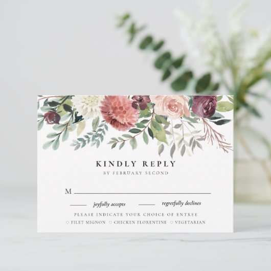 Rustieke Charm Bourgondië Roze Bloemen Bruiloft RS RSVP Kaartje (Staand voorkant)