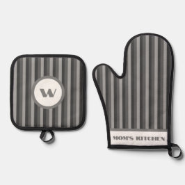Rustieke Charm Grijs Gestreept Ovenwant & Pannenlap Set