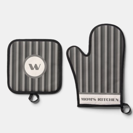 Rustieke Charm Grijs Gestreept Ovenwant & Pannenlap Set (Voorkant)